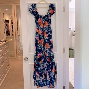 Olivaceous hi-lo off the shoulder dress with bright tropical flowers, Size Large